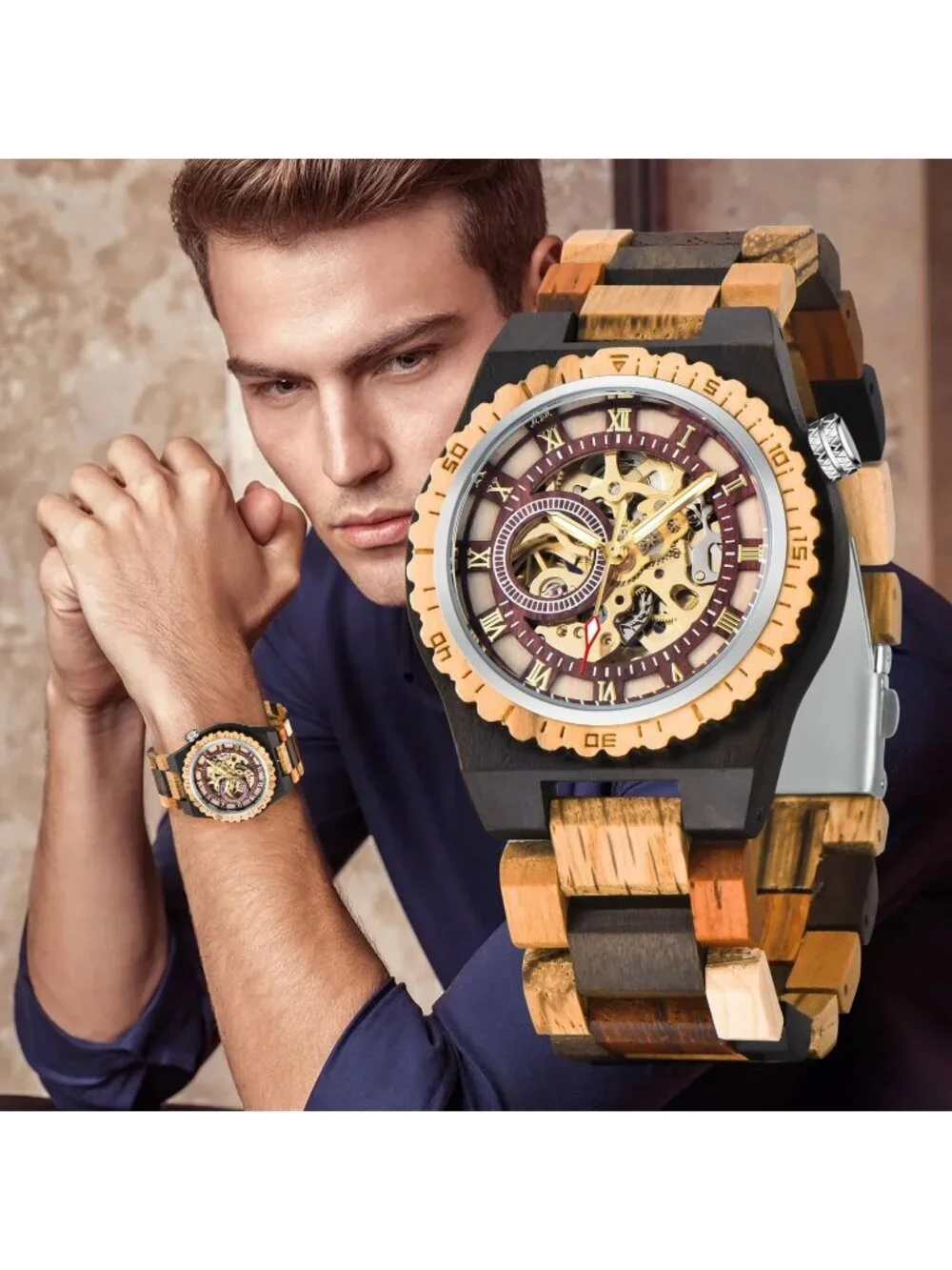 Men's Coffee Brown Analog No Battery Fashion Mechanical Movement Wooden Watch